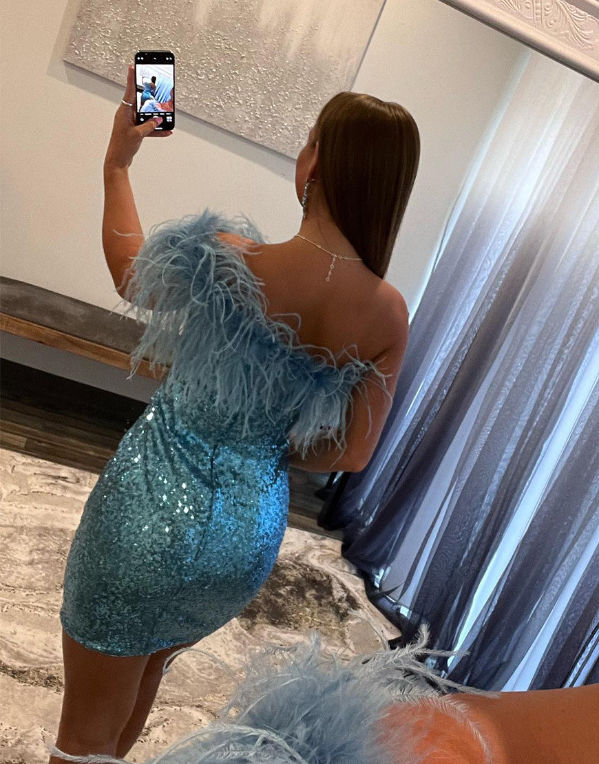 Farrah |Sheath Sequin Homecoming Dress with Feather