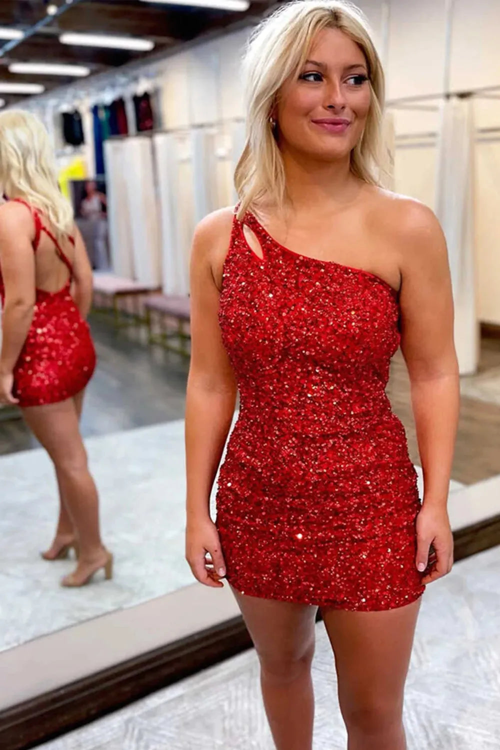 Magdalene |Bodycon One Shoulder Sequins Homecoming Dress