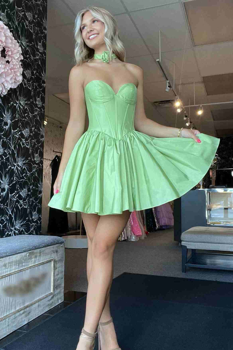 Verde | Sage Green Strapless Satin Short Homecoming Dresses