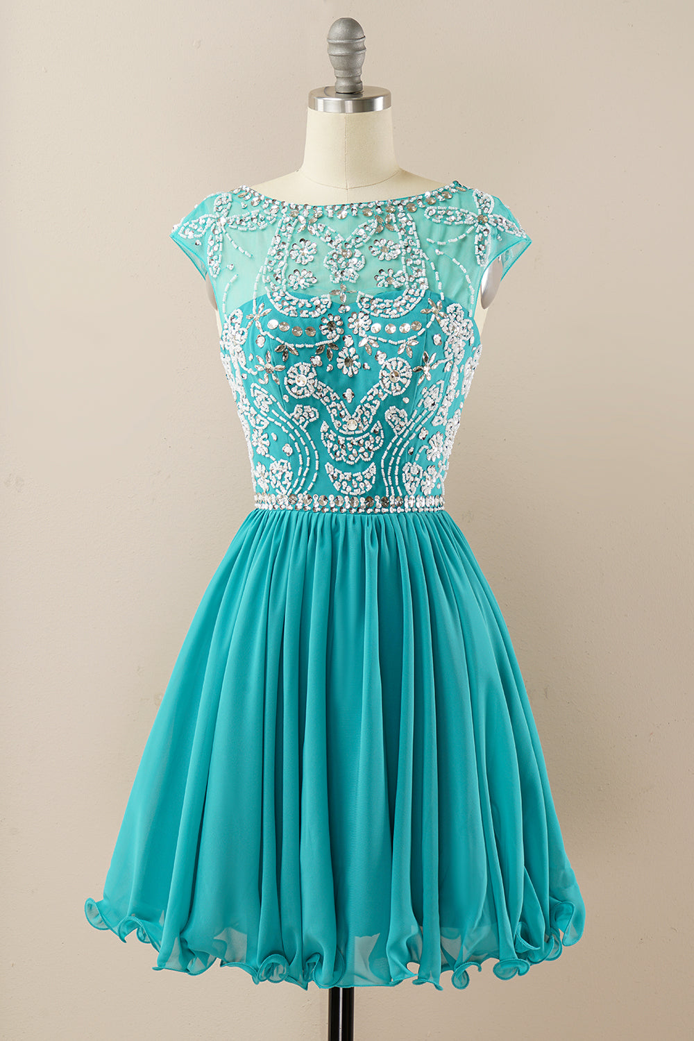 Turquoise Beaded Sleeveless Homecoming Dress