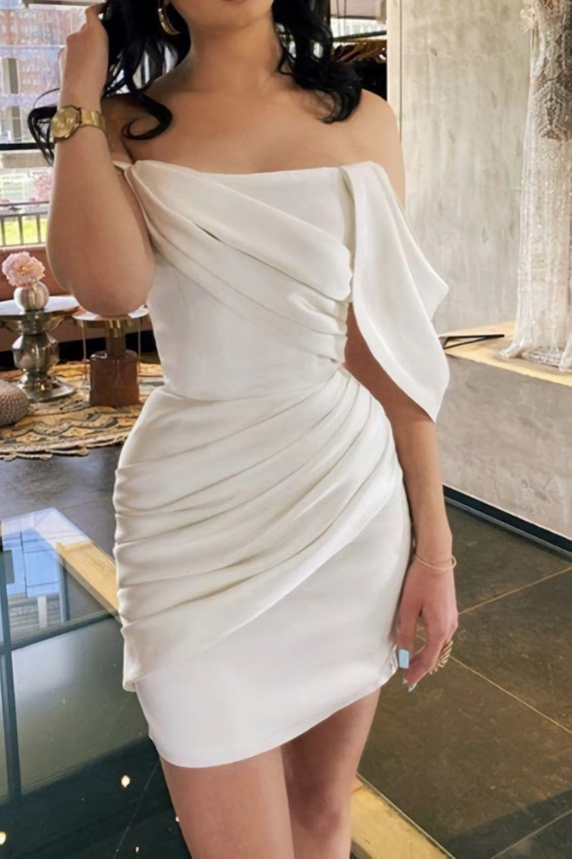 White Satin Off The Shoulder Wedding Dress Homecoming Dress