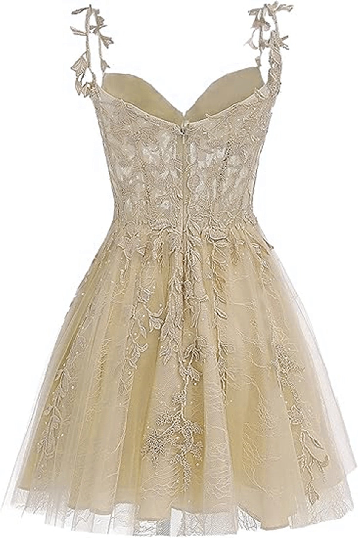 Cute Champagne Tulle Short Lace Homecoming Dress, Sweetheart Knee Length Party Dress