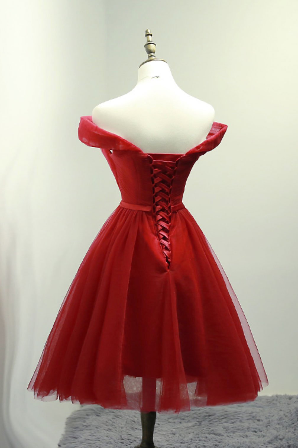 Dark Red Off the Shoulder Tulle Knee Length Party Dress, Red Homecoming Dress