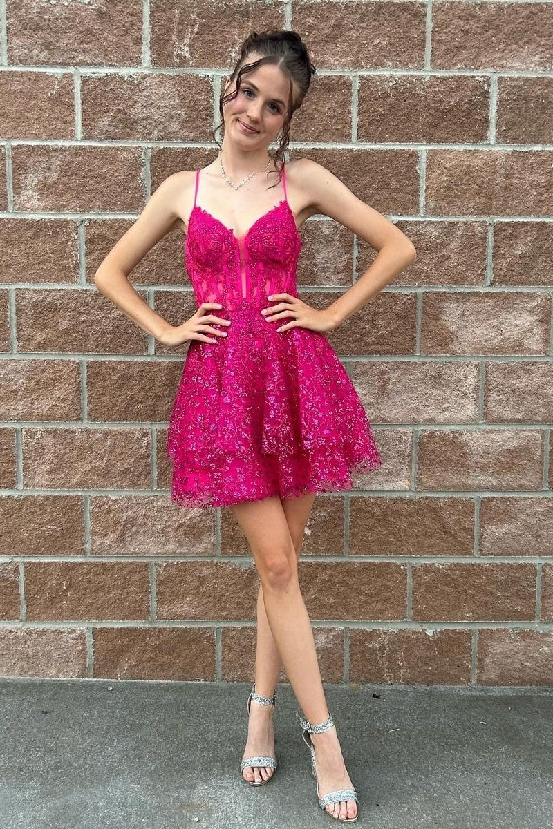 Hot Pink A-Line Sequin Lace Short Homecoming Dresses