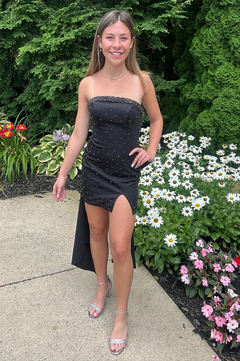 Black Bodycon Strapless Beaded Short Homecoming Dresses with Bow