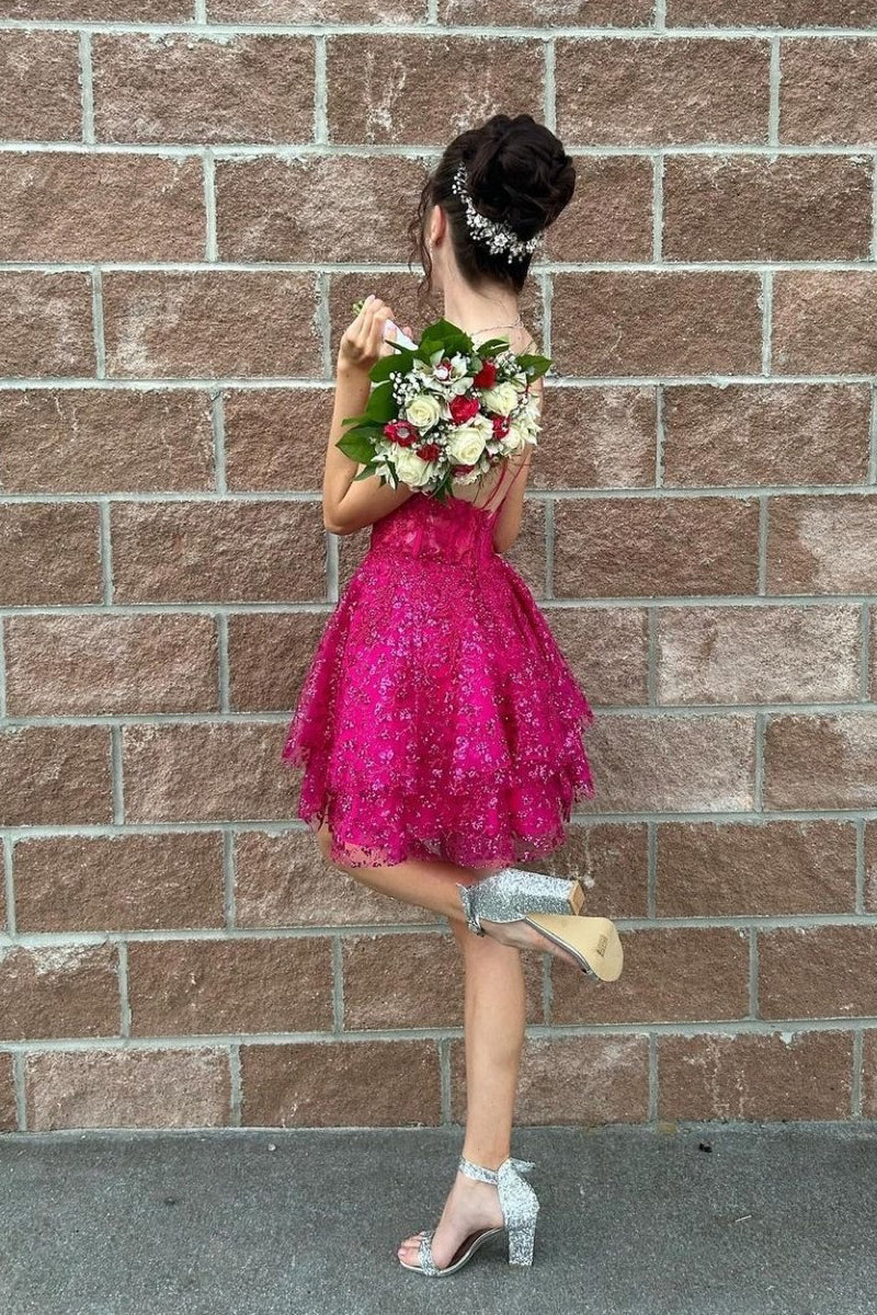 Hot Pink A-Line Sequin Lace Short Homecoming Dresses