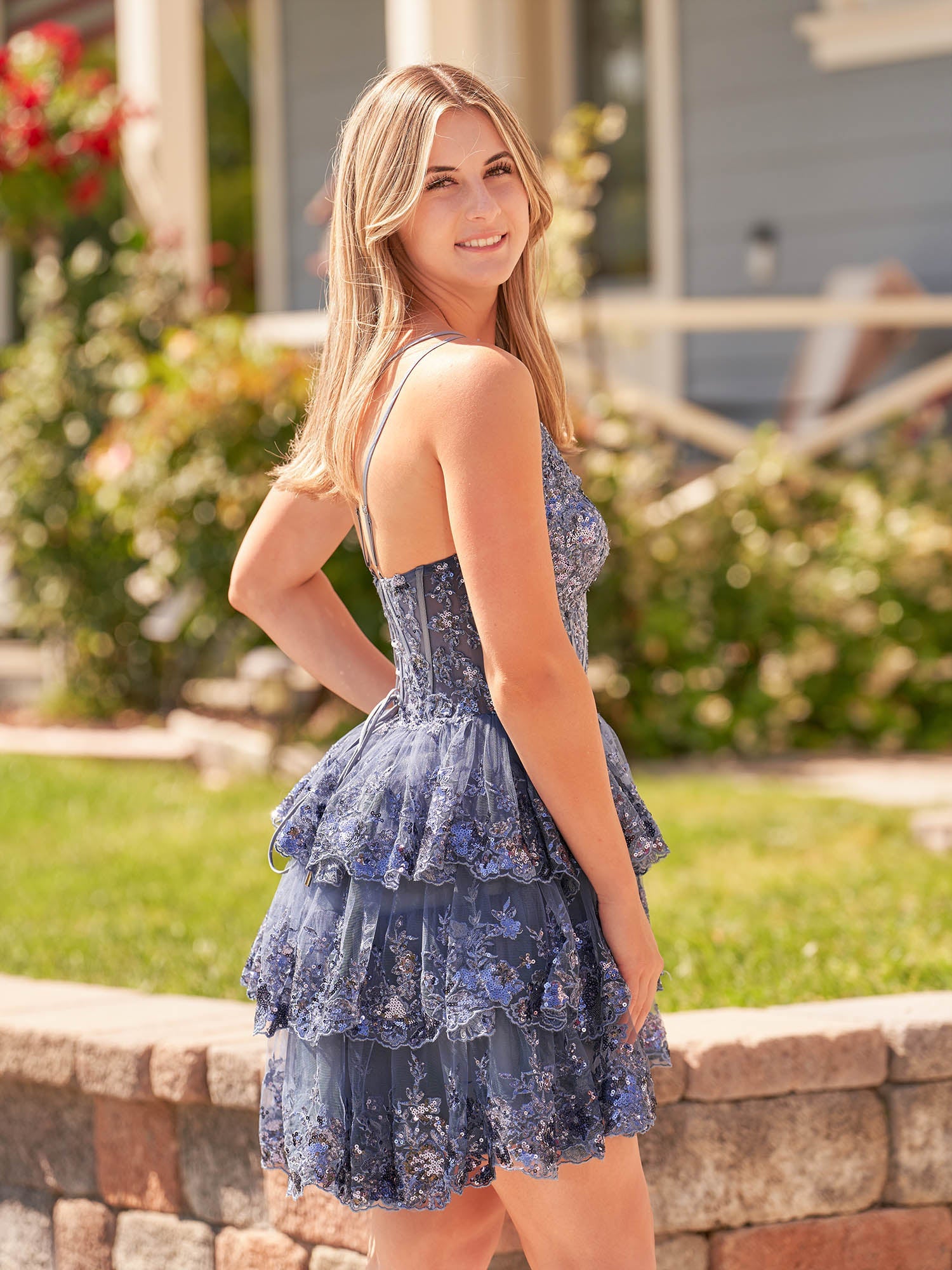 Emma | A Line One Shoulder Navy Tiered Lace Short Homecoming Dress