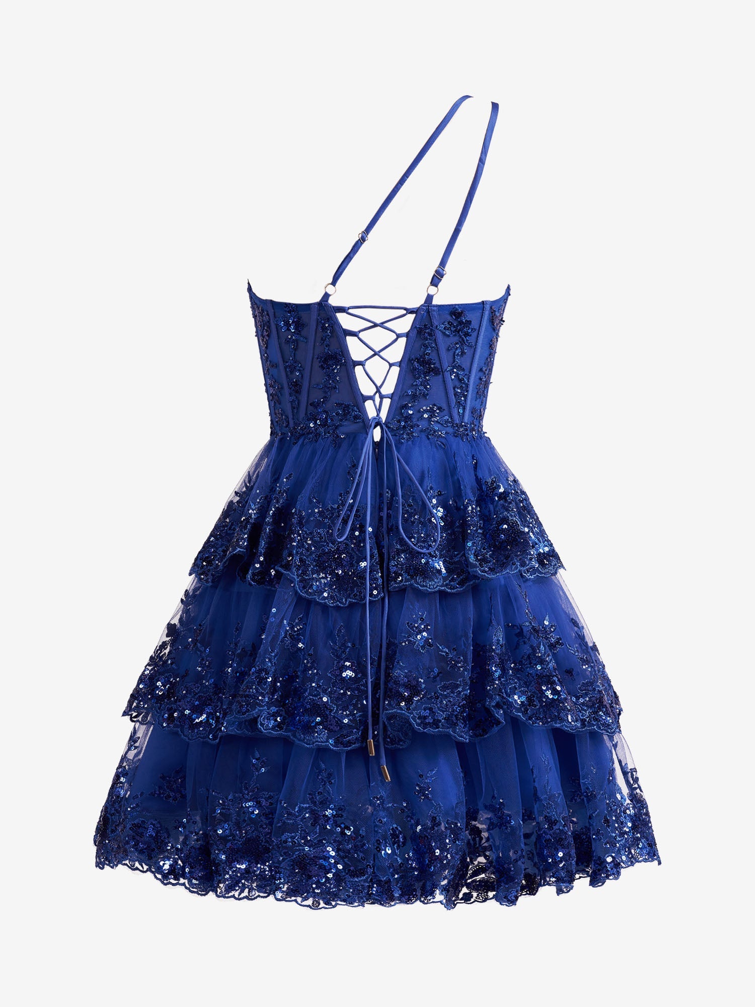 Emma | Royal Blue A Line One Shoulder Navy Tiered Lace Short Homecoming Dress