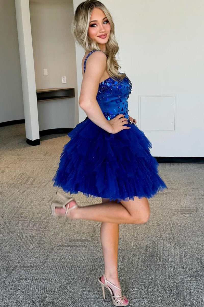 Pretty A Line Straps Royal Blue Tulle Short Homecoming Dresses with Beading