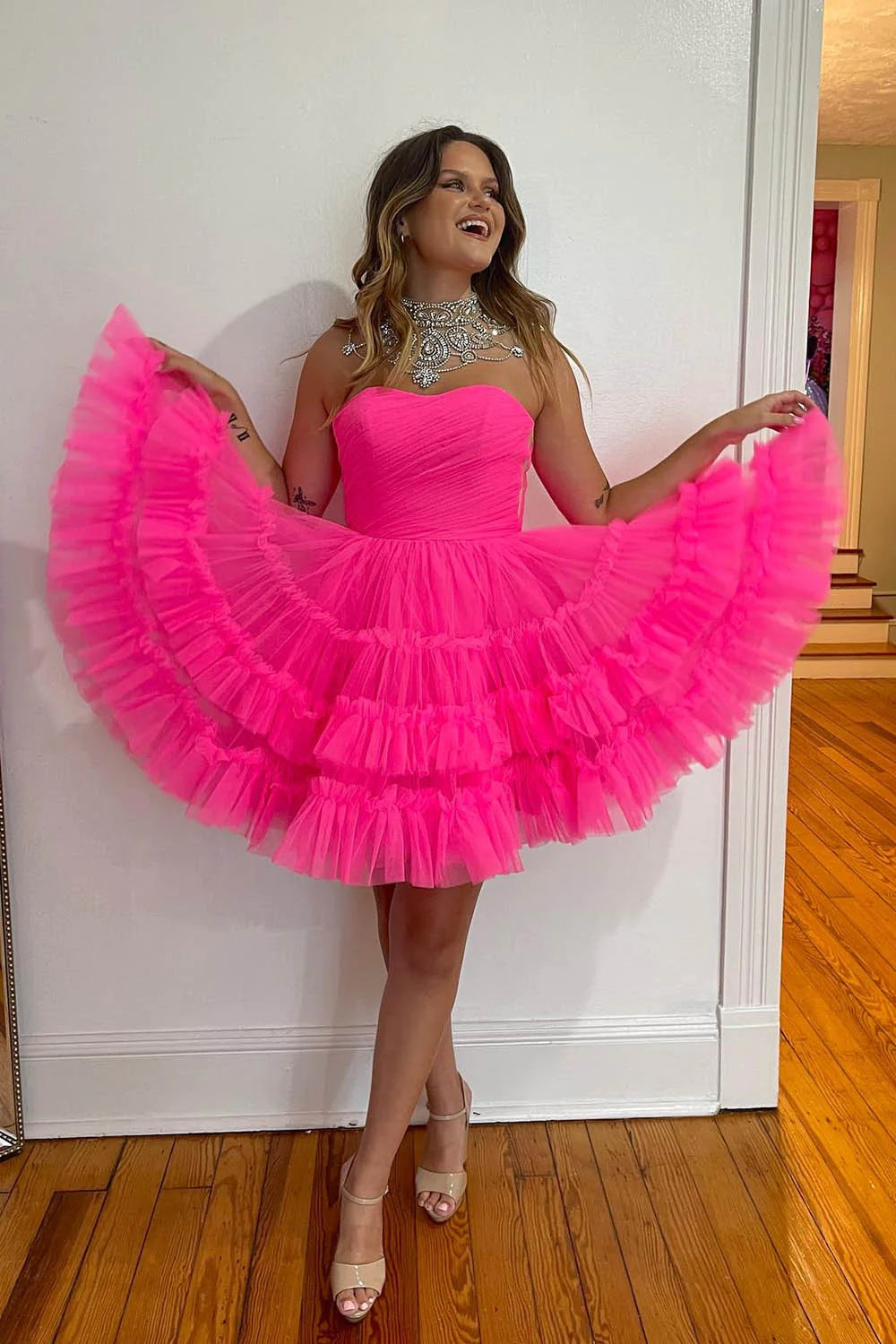 Sondra | Fuchsia A-Line Sweetheart Tulle Tiered Corset Short Homecoming Dress