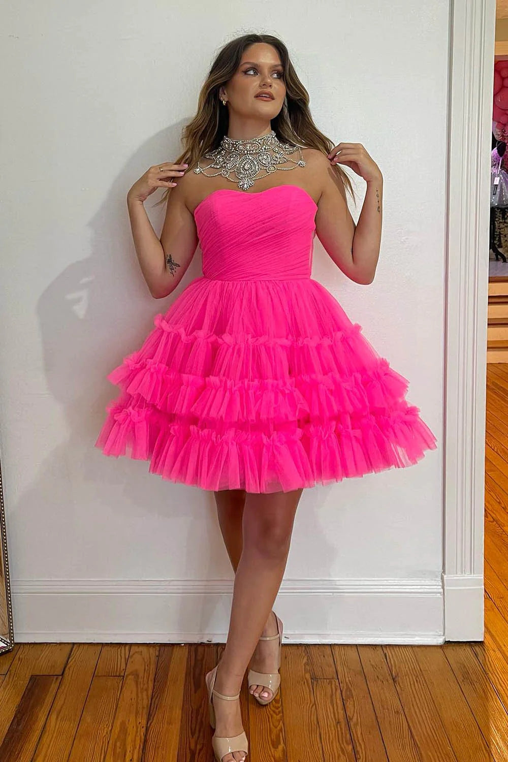 Sondra | Fuchsia A-Line Sweetheart Tulle Tiered Corset Short Homecoming Dress