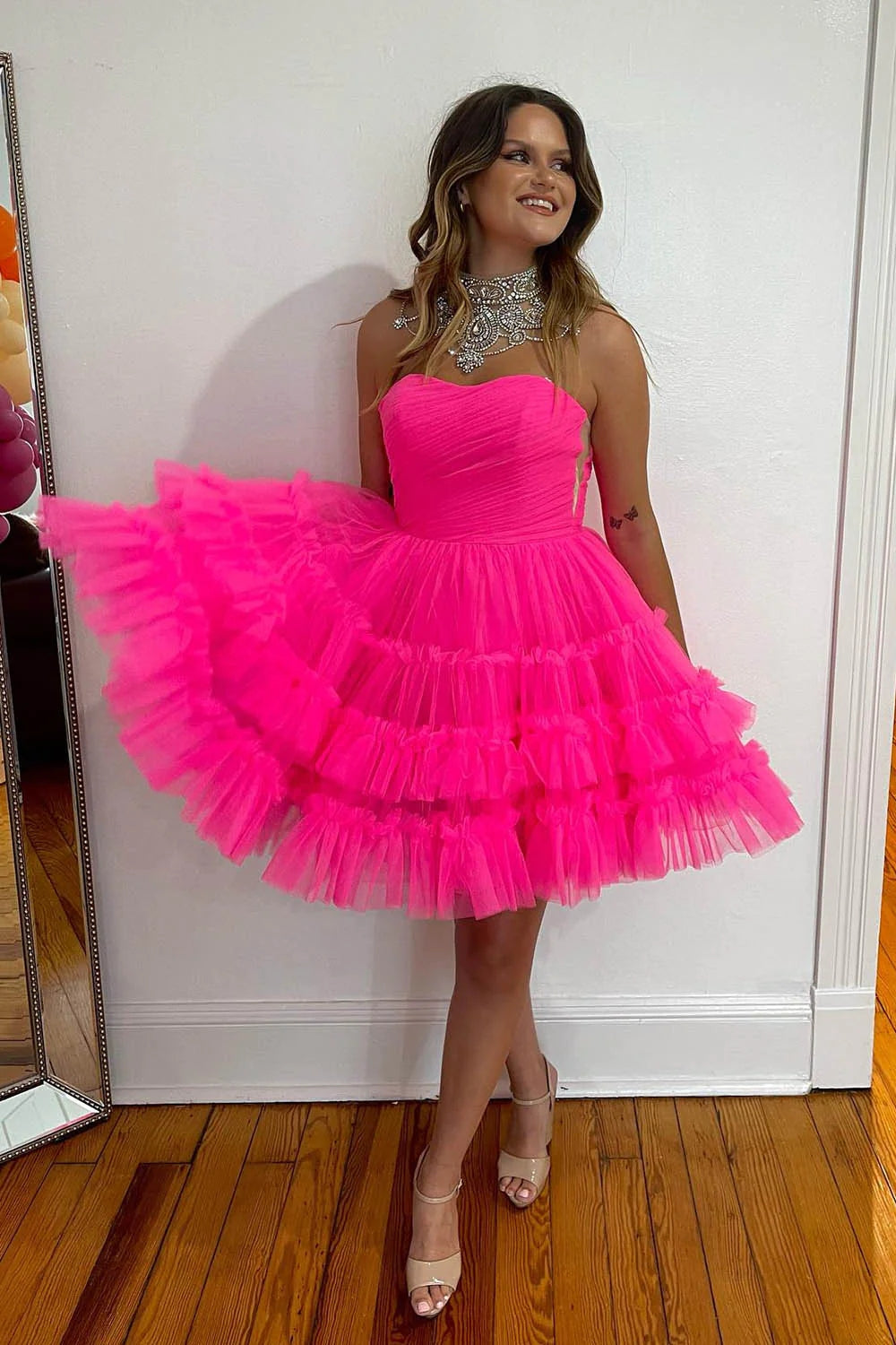 Sondra | Fuchsia A-Line Sweetheart Tulle Tiered Corset Short Homecoming Dress