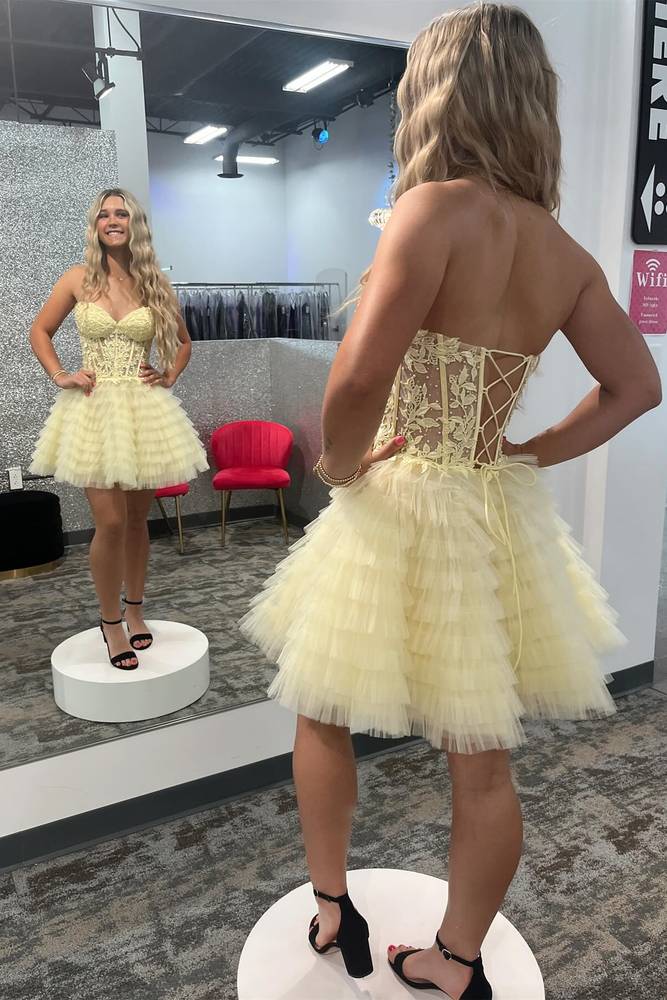 Jasna | A-Line Ruffled Yellow Strapless Corset Short Homecoming Dress