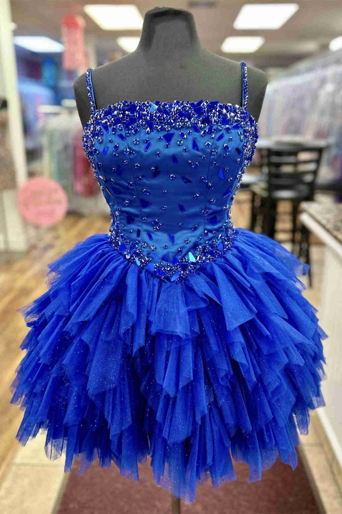 Pretty A Line Straps Royal Blue Tulle Short Homecoming Dresses with Beading