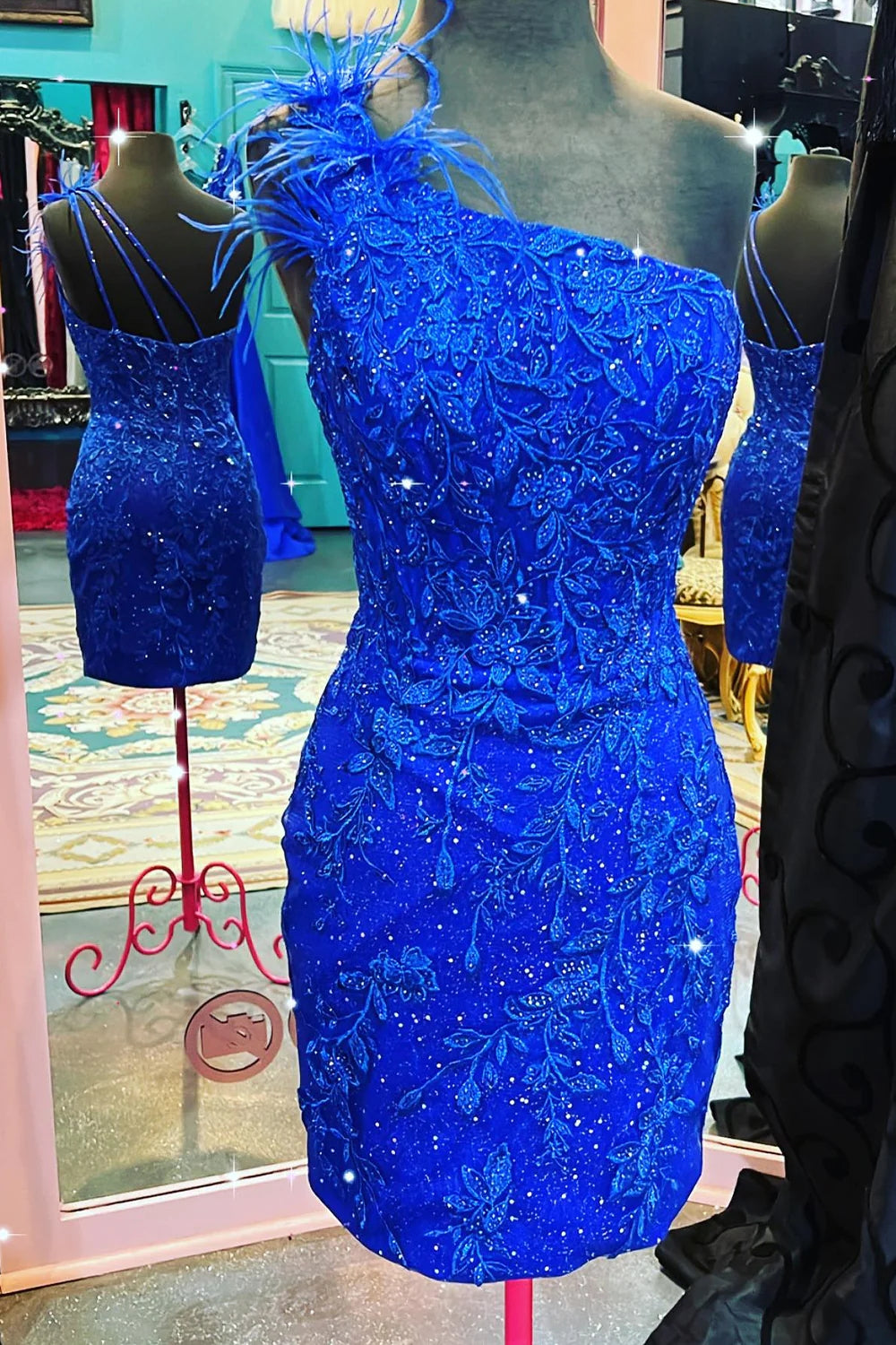 Zella | Glitter Royal Blue One Shoulder Lace Short Homecoming Dresses with Feather