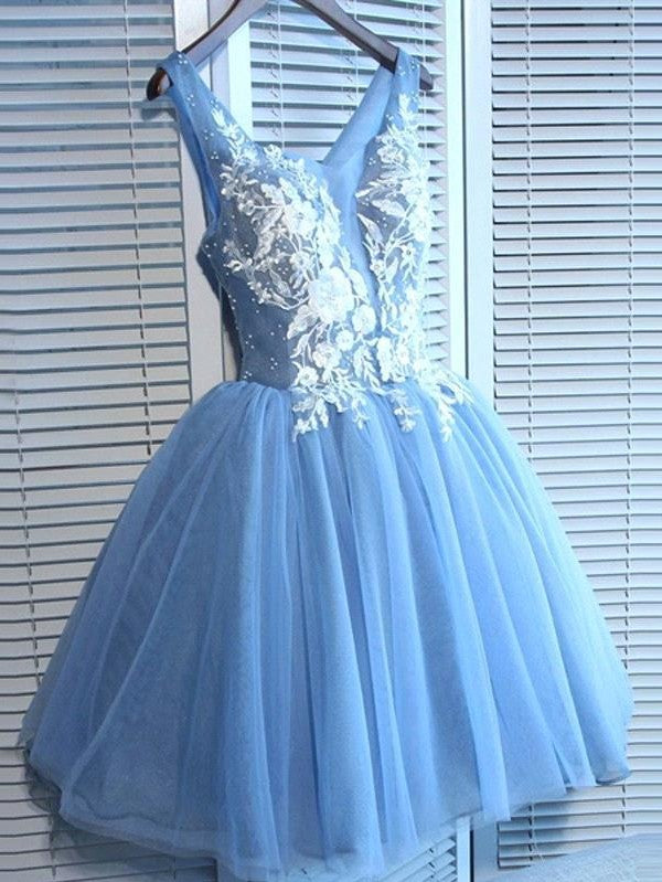 Gorgeous Blue Short Homecoming Dresses V-Neck Lace-Up Hoco Dresses