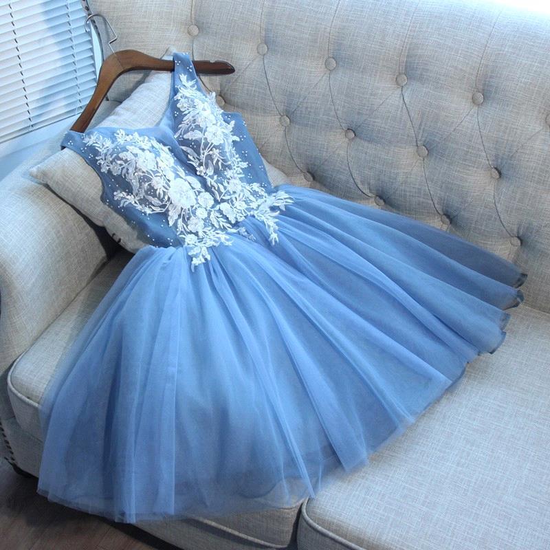 Gorgeous Blue Short Homecoming Dresses V-Neck Lace-Up Hoco Dresses