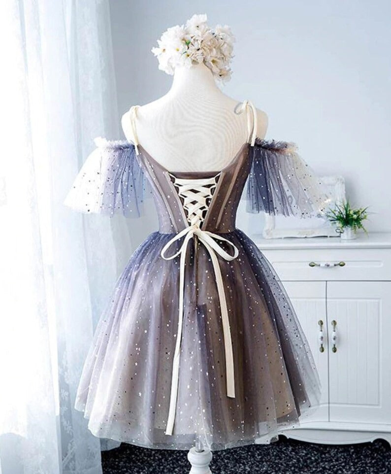 Sweetheart V-neck Starlit Cloud Tulle Mini Length Homecoming Dress