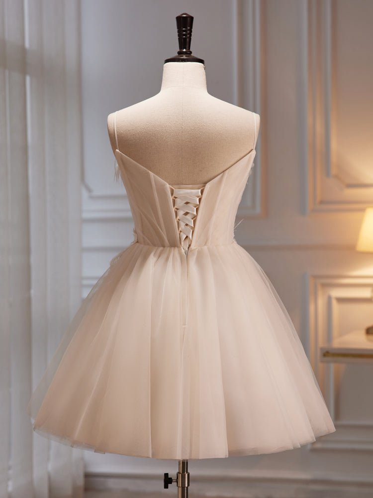 Ivory Tulle Short Homecoming Dress with Flowers, Ivory Short Prom Dress