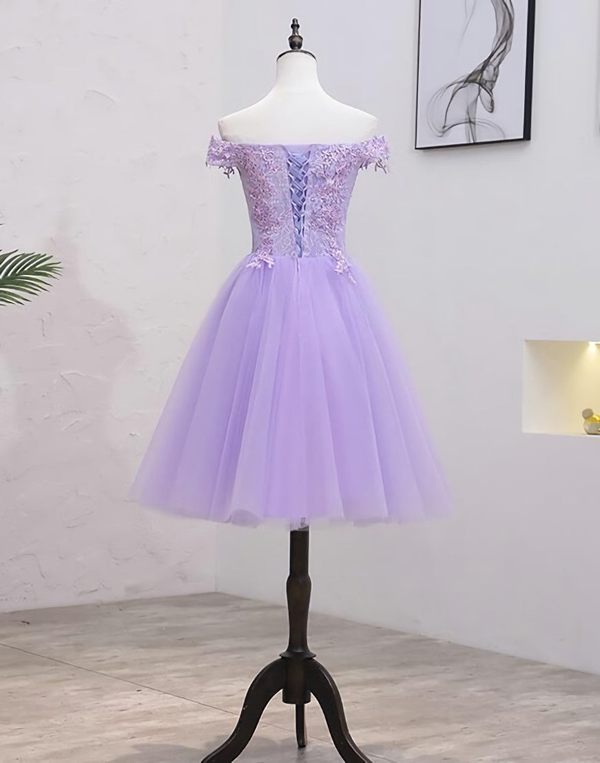 Lavender Homecoming Dress, A-line Lace Shoulder Short Cocktail Dresses