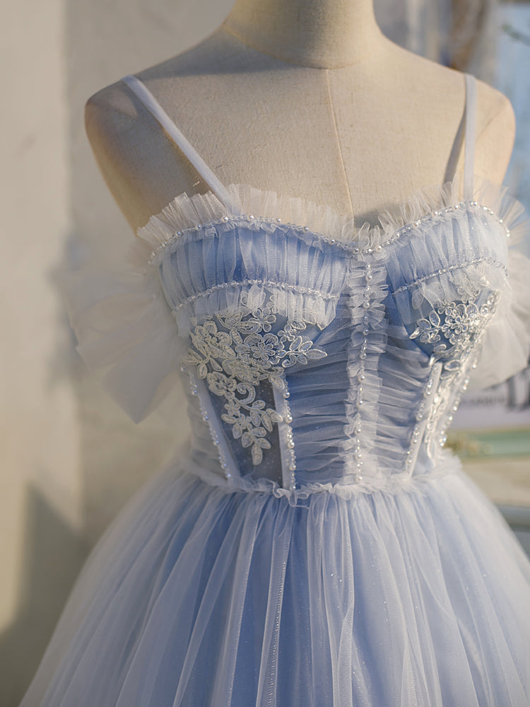 Light Blue Tulle with Beaded Short Homecoming Dresses, Blue Short Prom Dresses