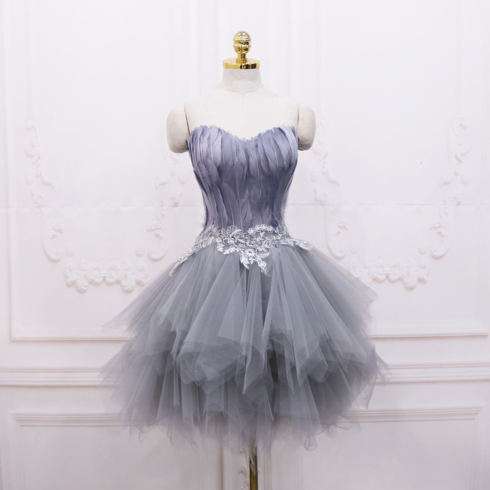 Light Grey Feather and Tulle Short Party Dress, Lovely Homecoming Dress