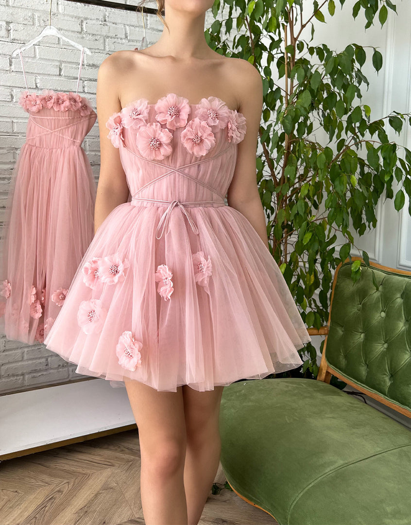 Iris |A-line Short Homecoming Dress with Handmade Flowers