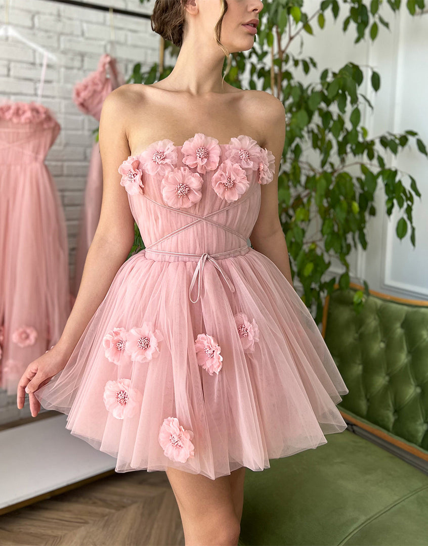 Iris |A-line Short Homecoming Dress with Handmade Flowers