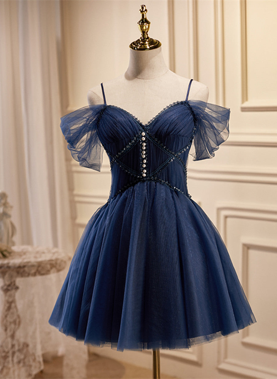 Navy Blue Tulle Beaded Short Prom Dress, Blue Tulle Off Shoulder Homecoming Dress