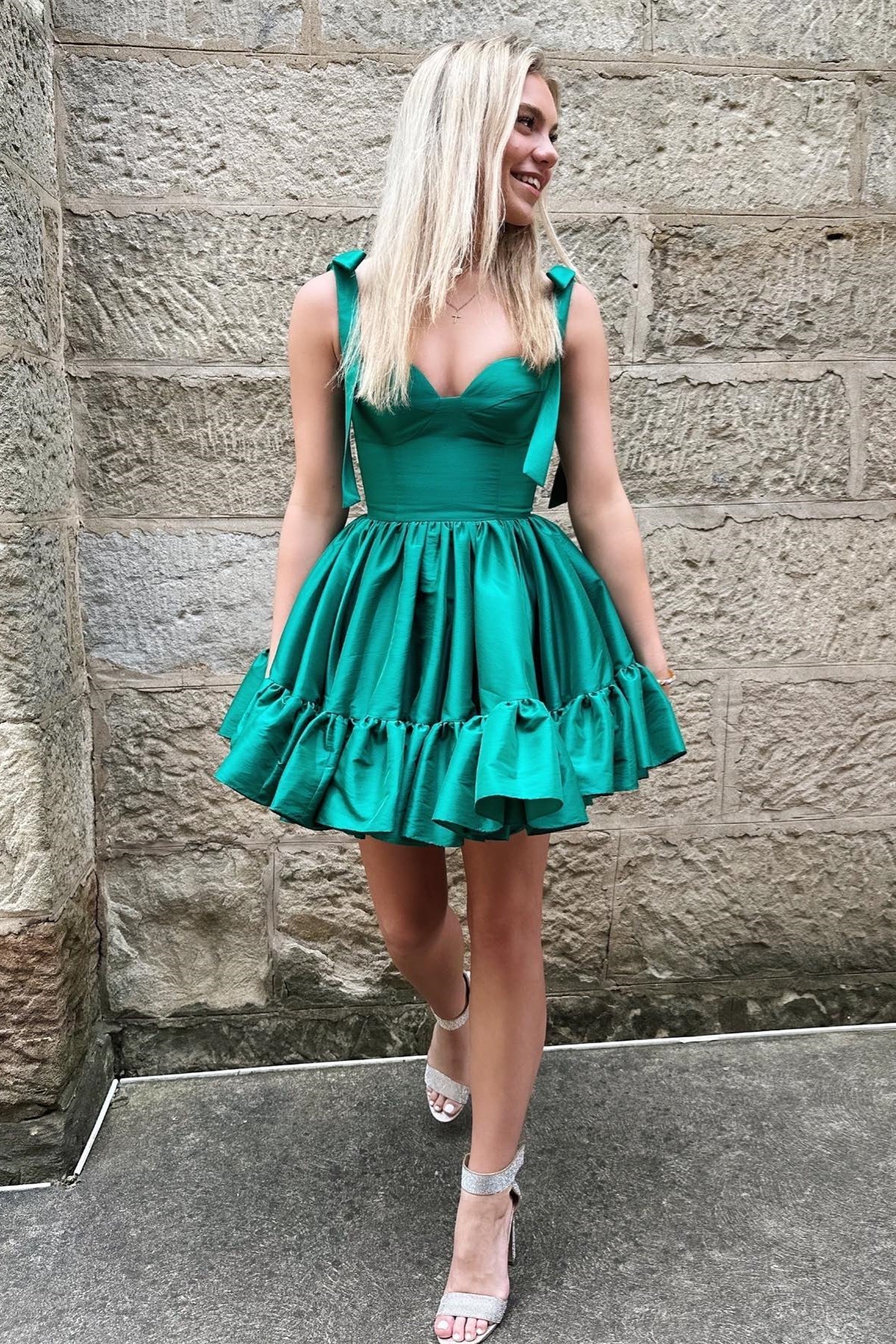 Hunter Green A-line Ruffle Bow Tie Shoulder Homecoming Dress