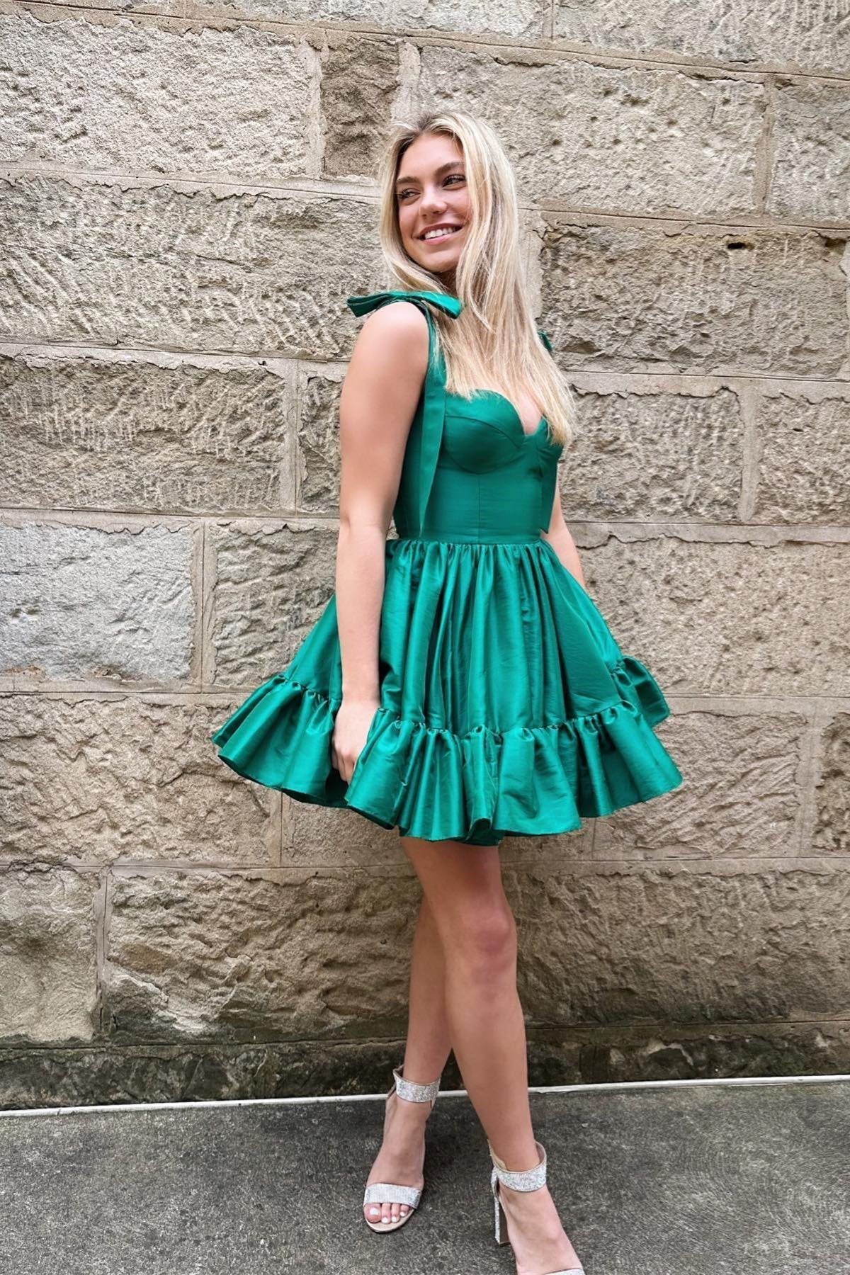 Hunter Green A-line Ruffle Bow Tie Shoulder Homecoming Dress