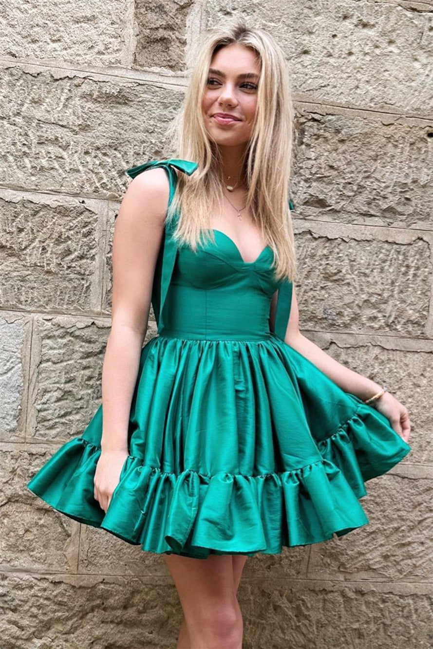 Hunter Green A-line Ruffle Bow Tie Shoulder Homecoming Dress