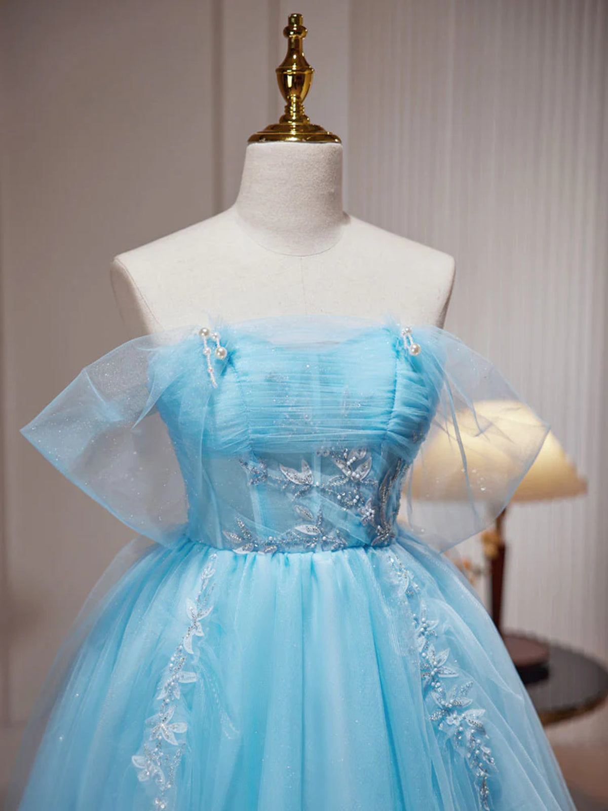 Off the Shoulder Short Blue Prom Dresses, Short Blue Lace Formal Homecoming Dresses