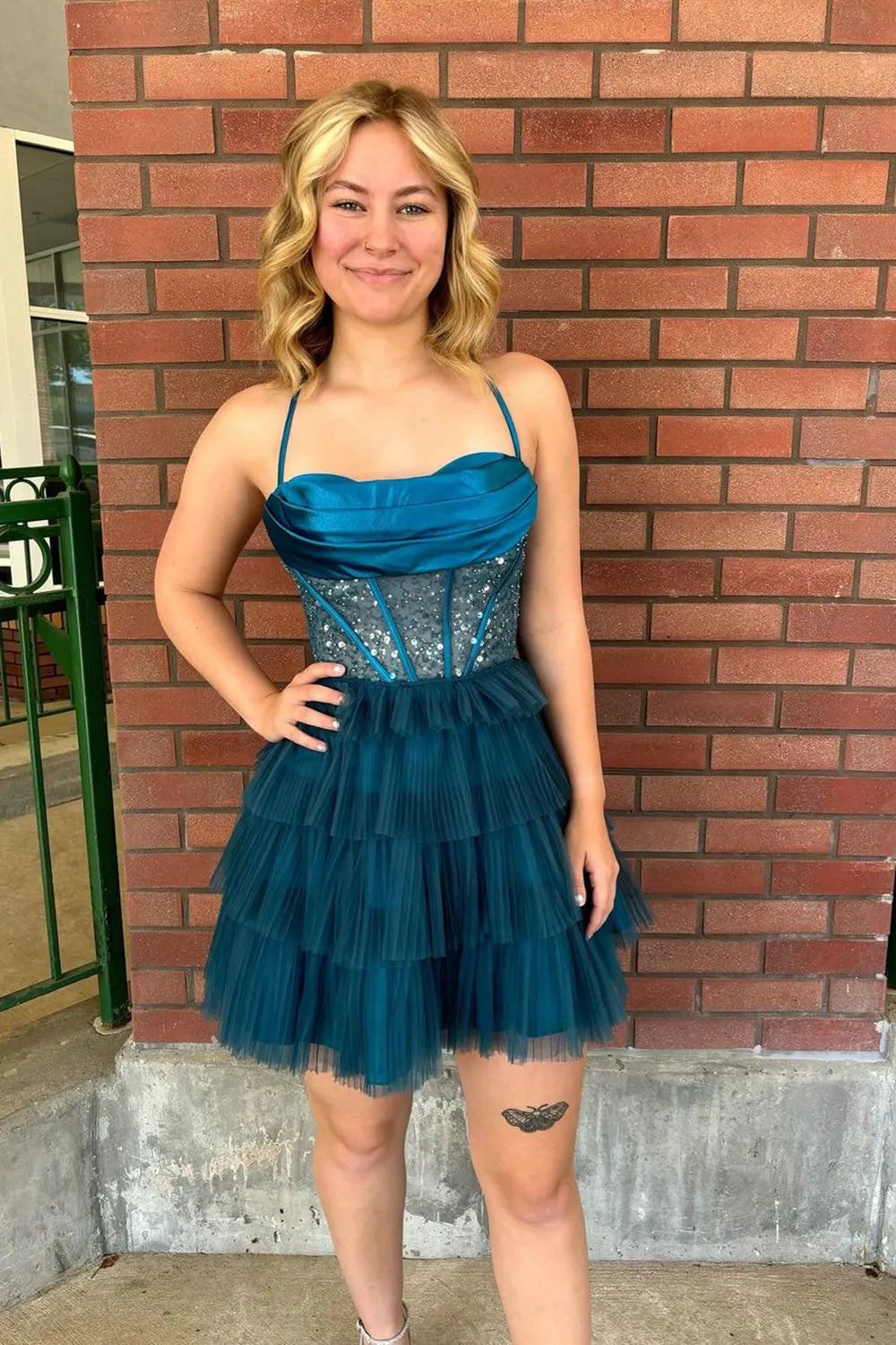 Aislinn | Peacock Blue Spaghetti Straps A-Line Tulle Tiered Corset Homecoming Dress