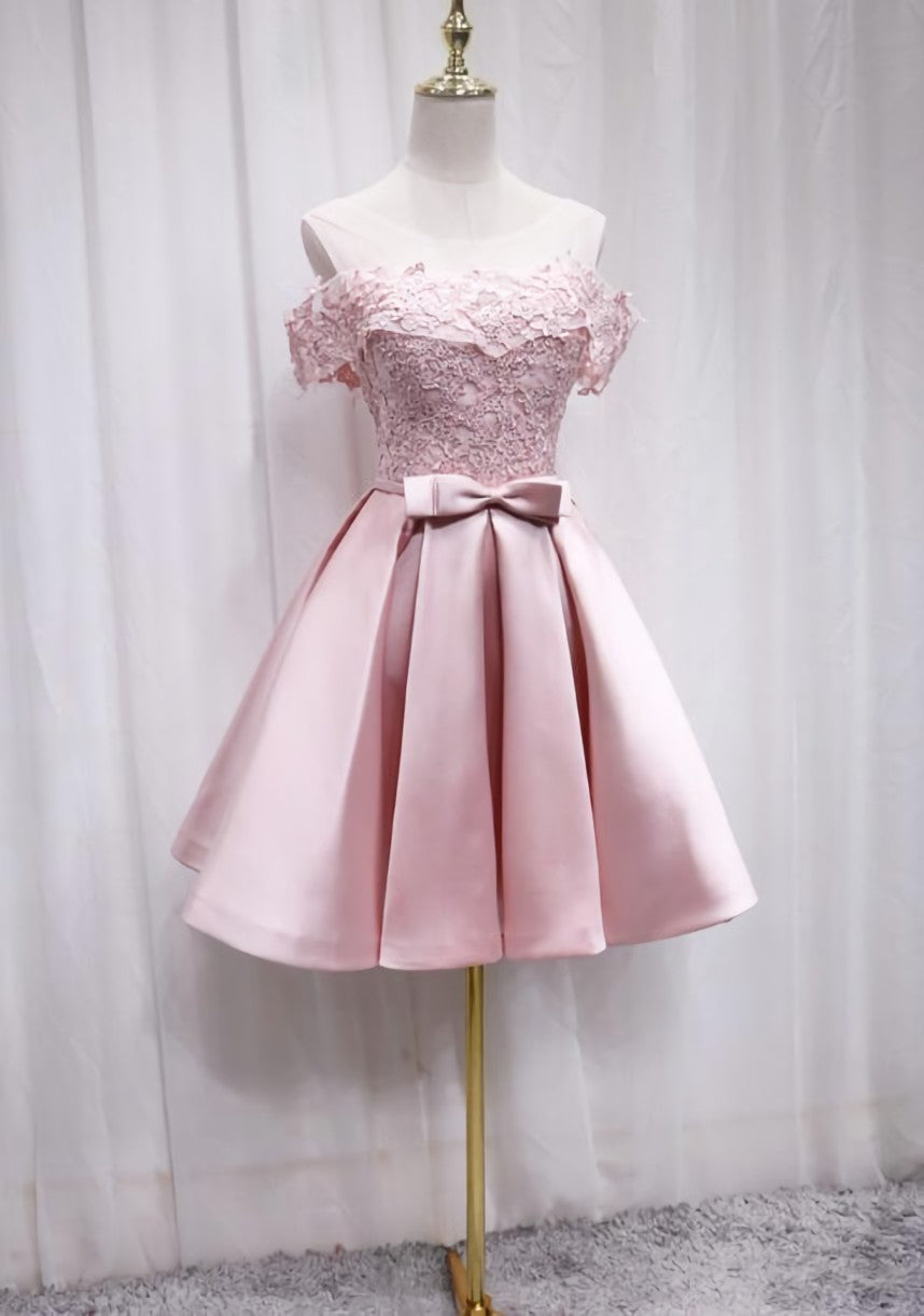 Pink Satin Off Shoulder Lace Top Homecoming Dress, Pink Gradaution Dresses