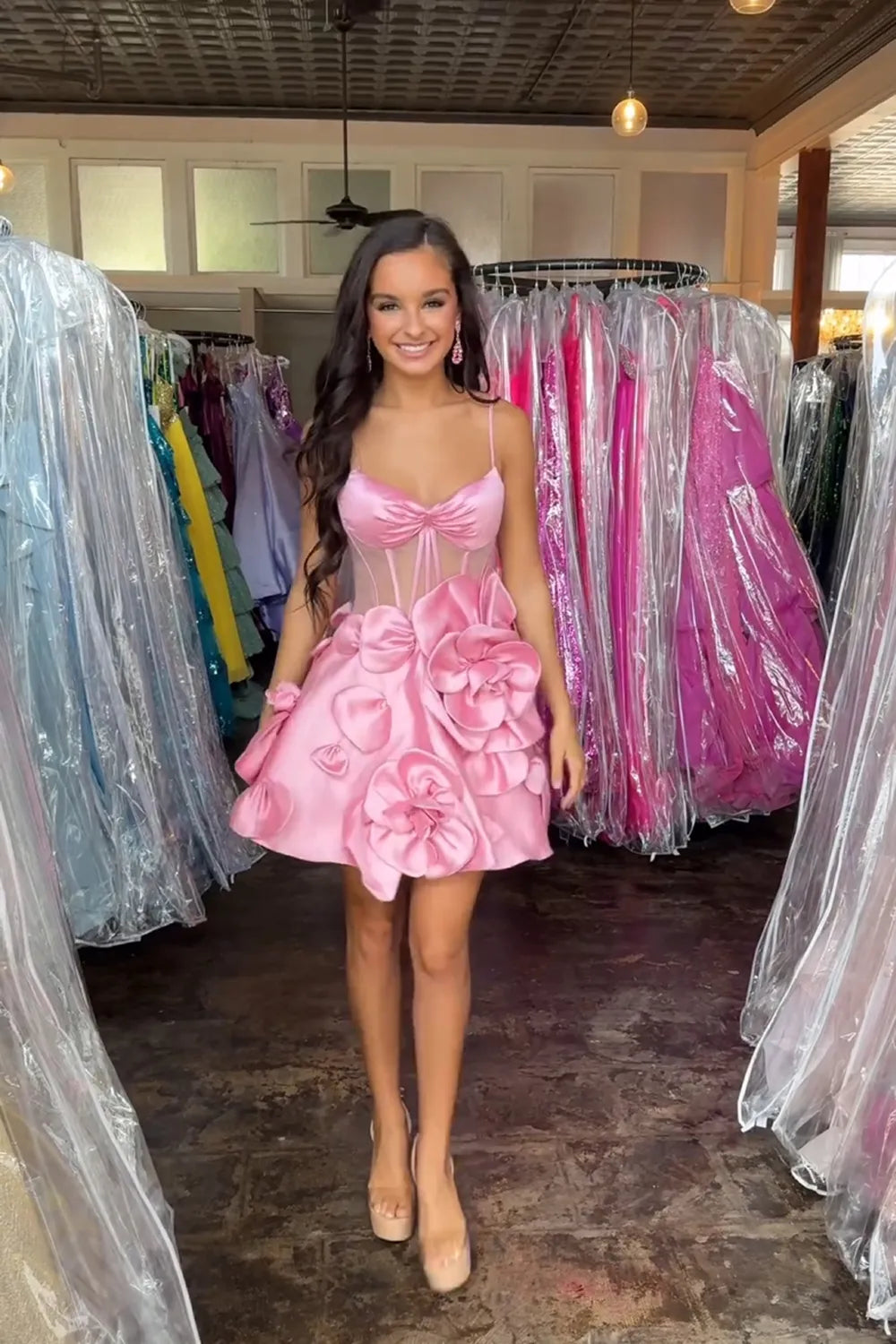 Pink Strapless A-Line Corset Short Homecoming Dress With 3D Flowers