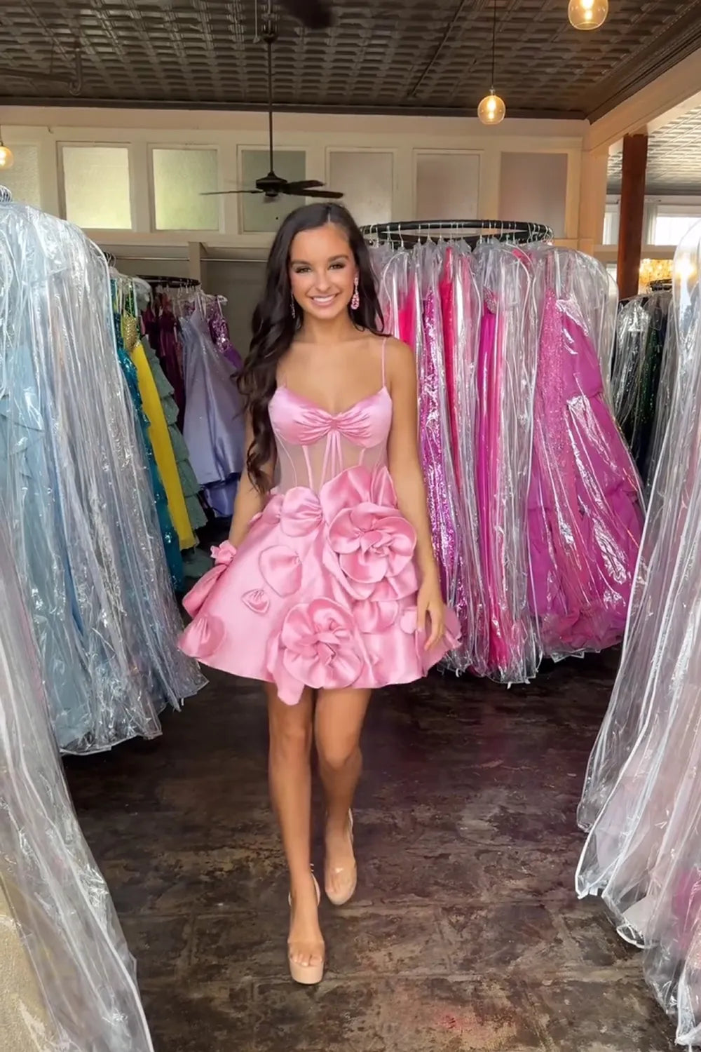 Pink Strapless A-Line Corset Short Homecoming Dress With 3D Flowers