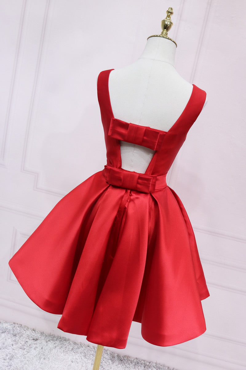 Red Satin Short Simple Backless Party Dress, Red Homecoming Dress