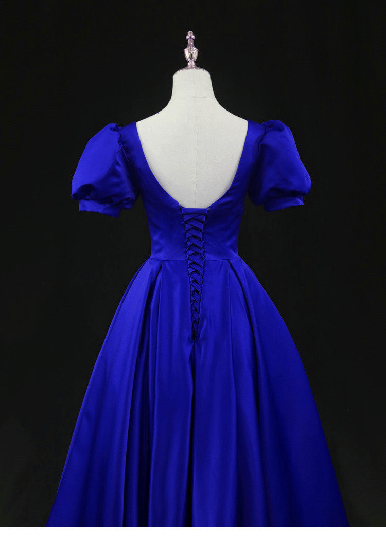 Royal Blue Satin Tea Length Wedding Party Dress, Blue Prom Homecoming Dress