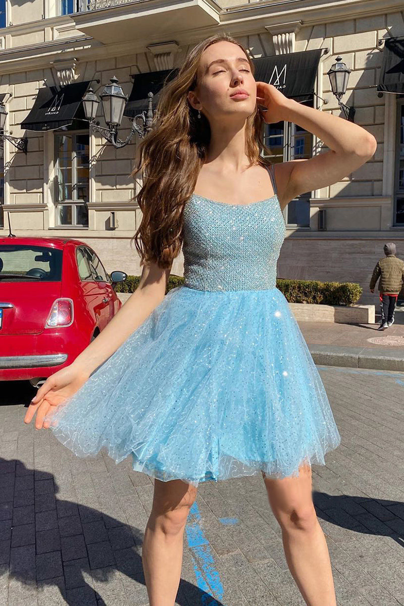 Sky Blue Sequins Lace Beaded Bodice Short Homecoming Dress