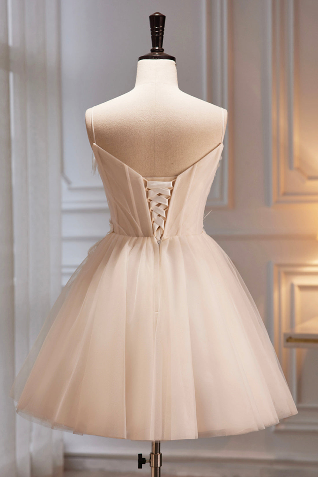 Spaghetti Strap V Neck Tulle Short Prom Dress, Cute Champagne Homecoming Dress