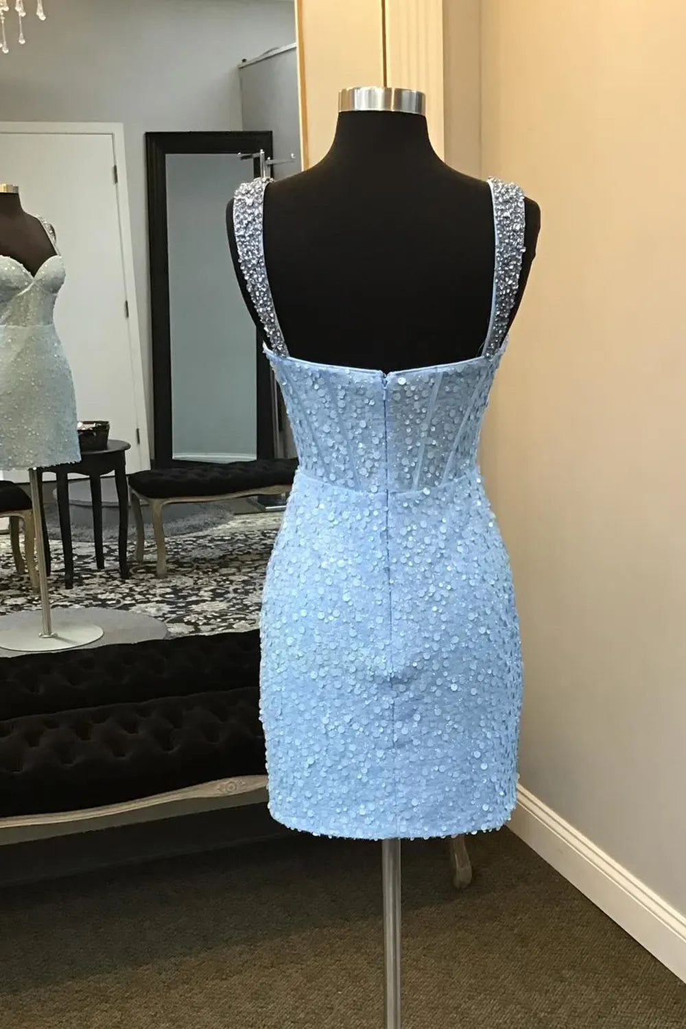 Sparkly Blue Spaghetti Straps Sequins Bodycon Short Corset Homecoming Dress