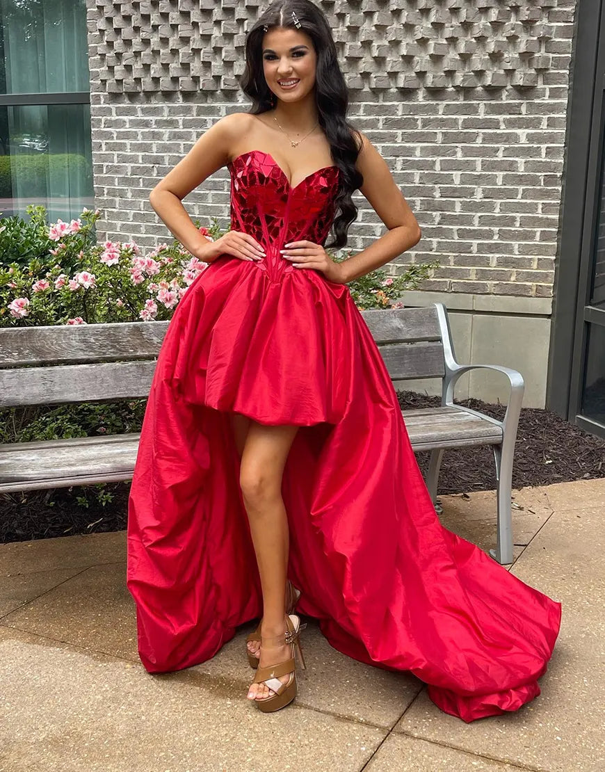 Sparkly Red Strapless Mirror High-Low Homecoming Dress