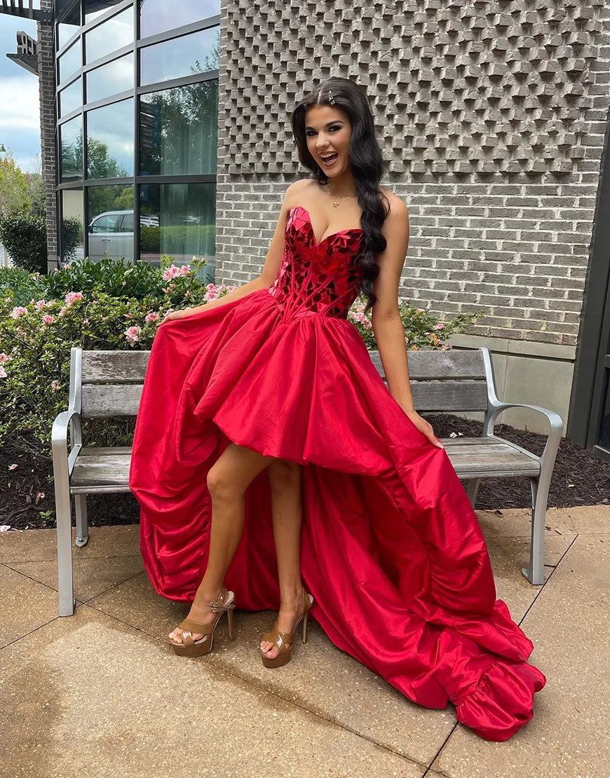 Sparkly Red Strapless Mirror High-Low Homecoming Dress