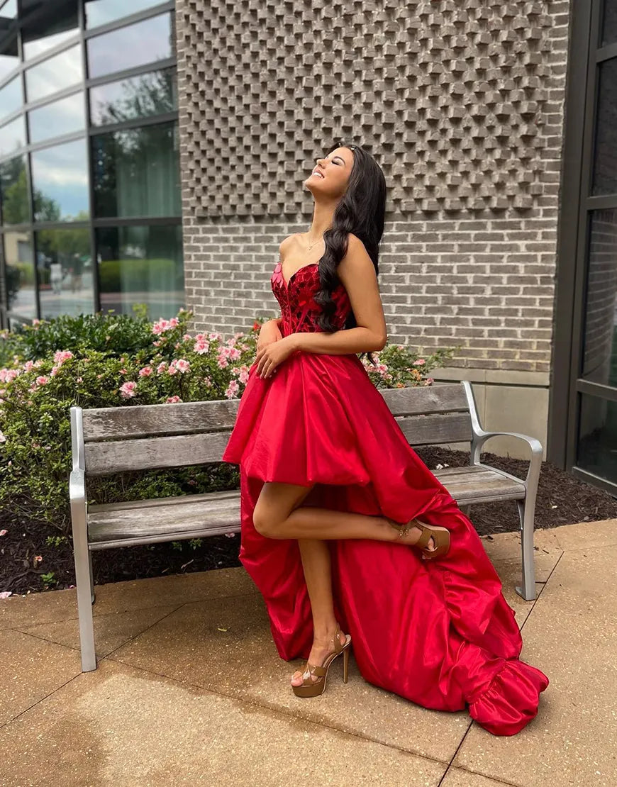 Sparkly Red Strapless Mirror High-Low Homecoming Dress