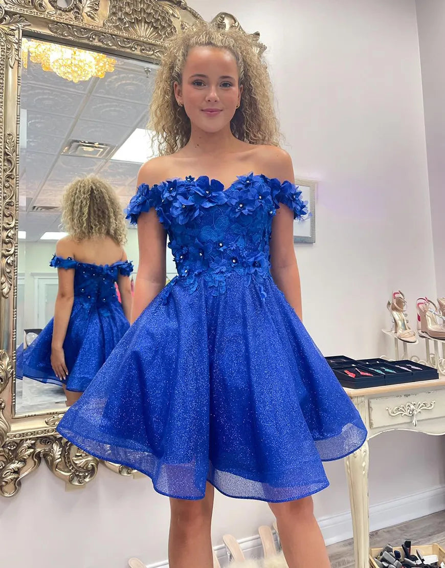 Sparkly Royal Blue A-Line Off the Shoulder Beaded Flowers Homecoming Dress