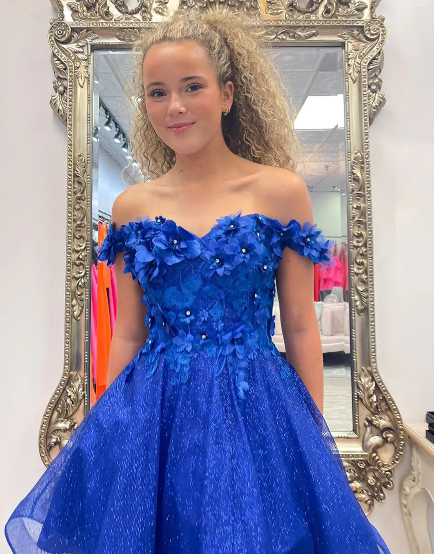 Sparkly Royal Blue A-Line Off the Shoulder Beaded Flowers Homecoming Dress