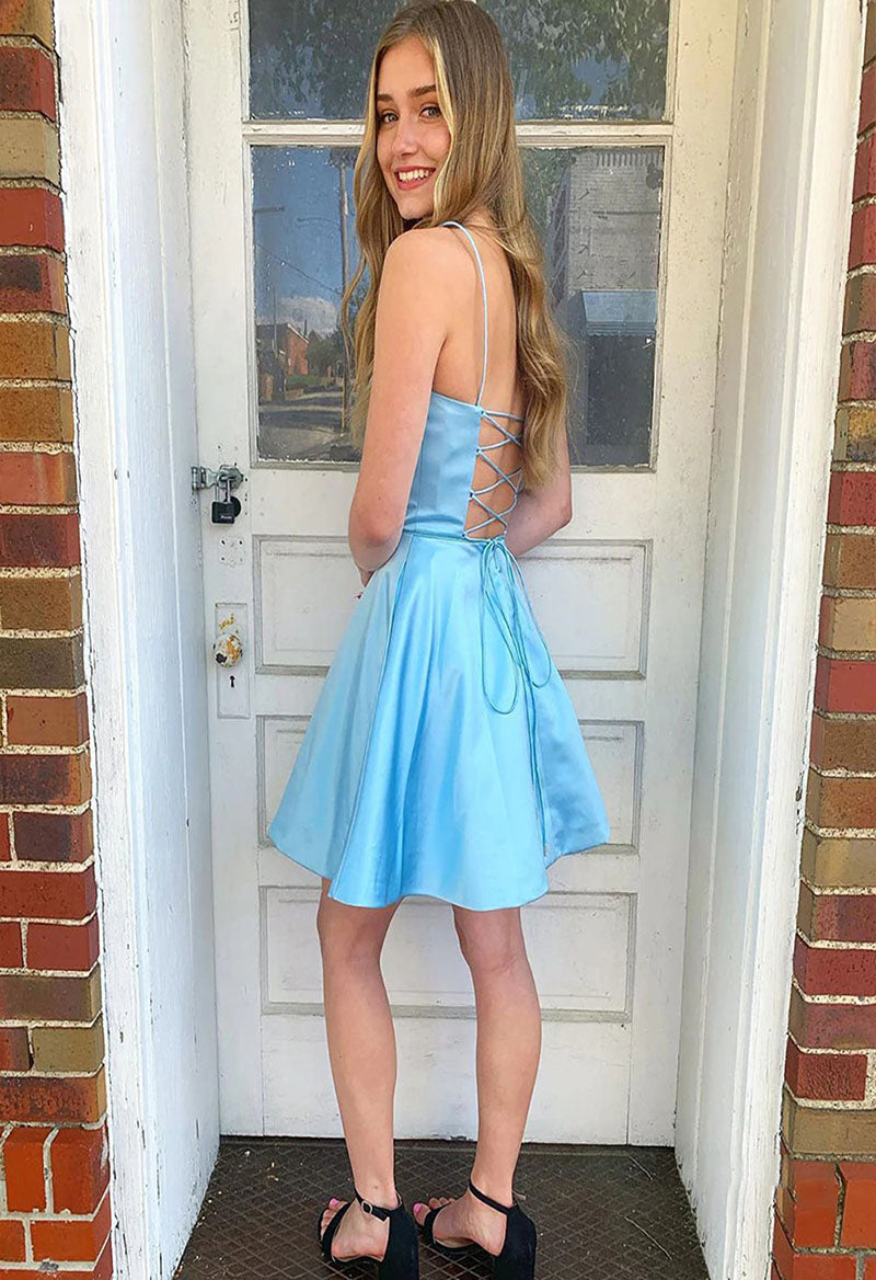 Avalon | Square Neck A Line Sleeveless Satin Short Homecoming Dress