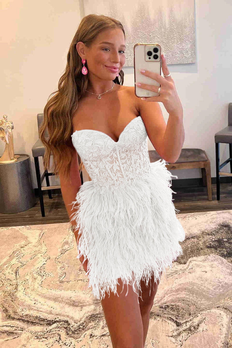 Amina |Sheath Sweetheart Lace Feather Skirt Homecoming Dress