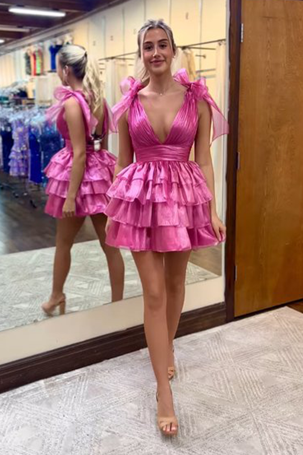 Joleen | Trendy Pink A-Line Tiered Homecoming Dress with Bow